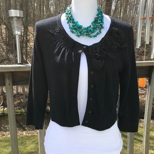 Soft Surroundings black cotton-blend knit cardigan sweater 3/4 length sleeves
